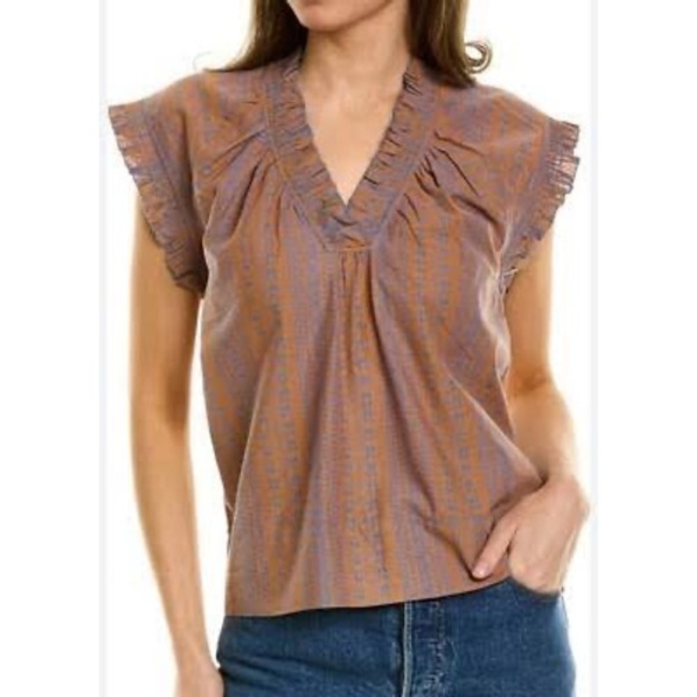 JOIE Orange Blue Geometric Boho Cottagecore Smocked Ruffle Cap Sleeve Top MEDIUM